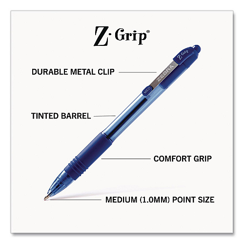 Zebra Z-Grip Ballpoint Pen, Retractable, Medium 1 mm, Blue Ink and Barrel, 48/Pack (20428)