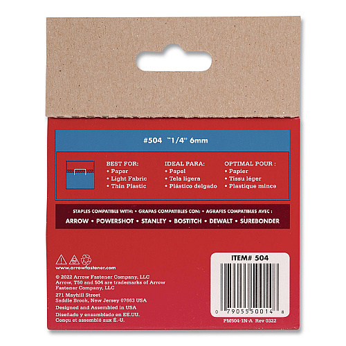 Arrow T50 Heavy Duty Staples, 0.25" Leg, 0.38" Crown, Silver, 1,250/Box (504BX)
