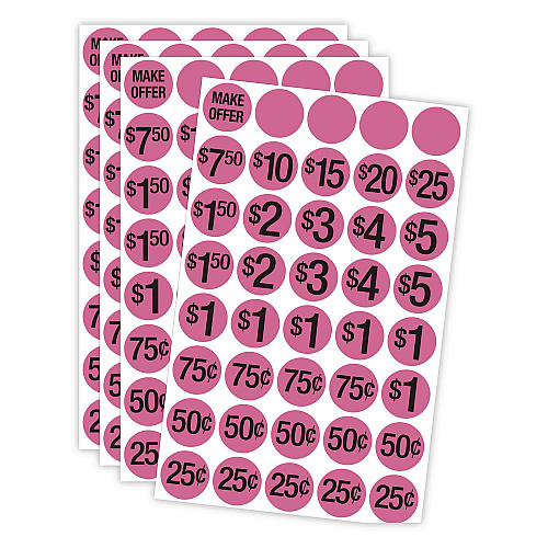 COSCO Pre-Printed Pricing Stickers, 0.75" diameter, Assorted, Pink, 1,000/Pack (098558)