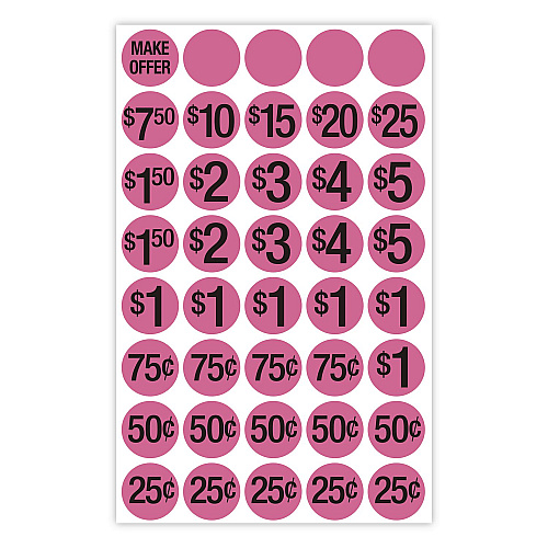 COSCO Pre-Printed Pricing Stickers, 0.75" diameter, Assorted, Pink, 1,000/Pack (098558)