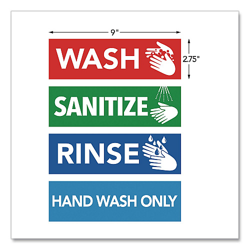 COSCO Wash, Rinse, Sanitize, Hand Wash Only Decals, 2.75 x 9", Assorted Colors, 4/Pack (098560)