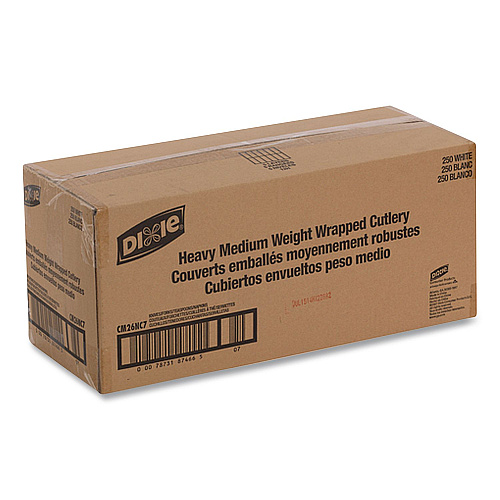 Dixie Individually Wrapped Mediumweight Polystyrene Cutlery, Fork/Knife/Teaspoon/Napkin, Plastic, White, 250/Carton (CM26NC7)