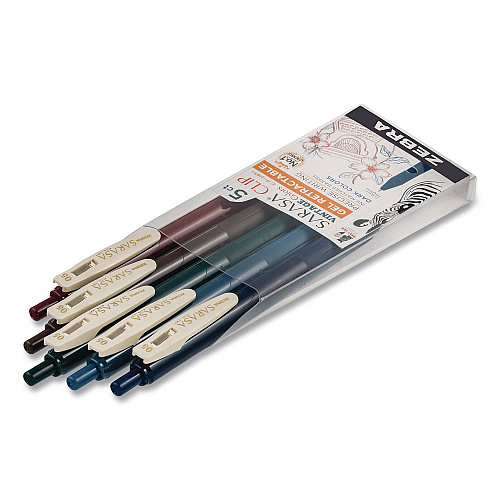 Zebra Sarasa Clip Gel Pen, Retractable, Fine 0.5 mm, Assorted Vintage Dark Ink and Barrel Colors, 5/Pack (47455)