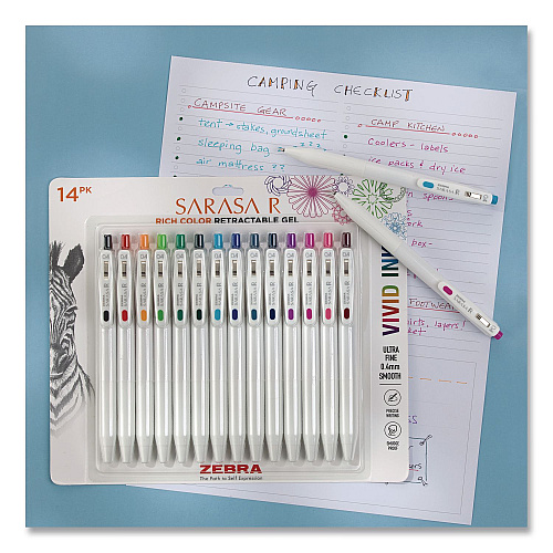 Zebra Sarasa R Gel Pen, Retractable, Extra Fine 0.4 mm, Assorted Ink Colors, White Barrels, 14/Pack (47714)