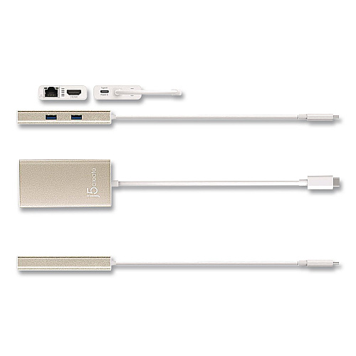 j5create USB-C to HDMI Audio/Video Adapter, HDMI/USB-C/RJ45, 9.45" Gold/White (JCA374US)