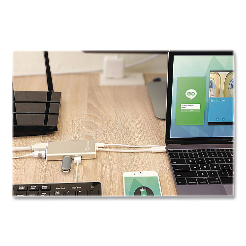j5create USB-C to HDMI Audio/Video Adapter, HDMI/USB-C/RJ45, 9.45" Gold/White (JCA374US)