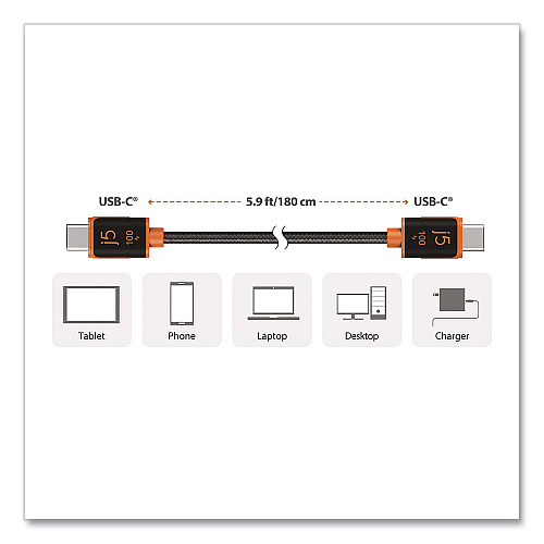 j5create USB-C to USB-C Charging Cable, 5.9 ft, Black/Orange (JUCX25L18)