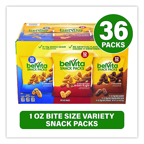 belVita Bites Breakfast Biscuits Variety Pack, Blueberry/Chocolate/Cinnamon Brown Sugar, 1 oz Pack, 36/Carton (22002903)