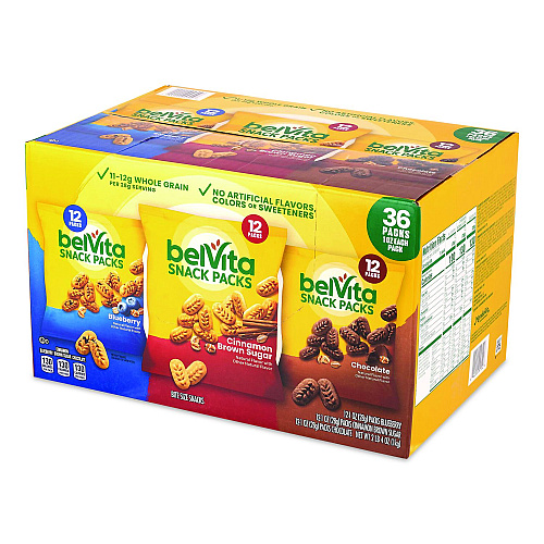 belVita Bites Breakfast Biscuits Variety Pack, Blueberry/Chocolate/Cinnamon Brown Sugar, 1 oz Pack, 36/Carton (22002903)