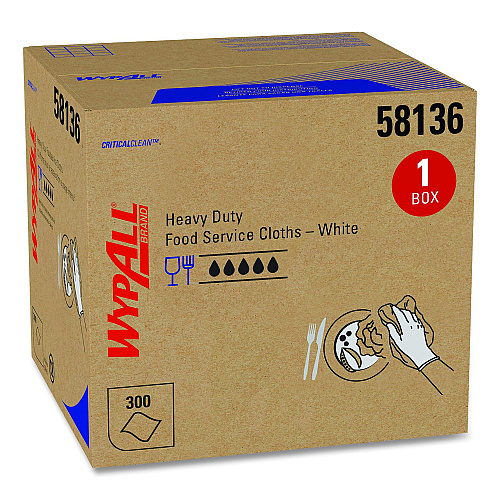 WypAll Heavy-Duty Foodservice Cloths, 1-Ply, 12.5 x 15, White, 300 Sheets/Box (58136CT)