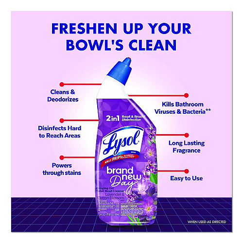 LYSOL Brand Clinging Gel Brand New Day Toilet Bowl Cleaner, Lavender and Cotton Blossom, 24 oz Angle-Neck Bottle, 9/Carton (56251CT)