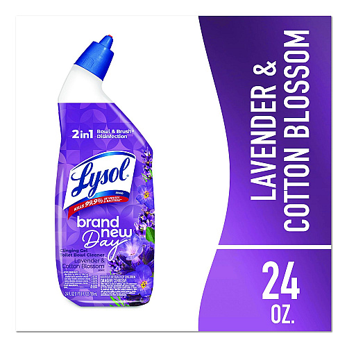 LYSOL Brand Clinging Gel Brand New Day Toilet Bowl Cleaner, Lavender and Cotton Blossom, 24 oz Angle-Neck Bottle, 9/Carton (56251CT)