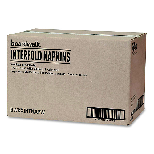 Boardwalk Interfold Dispenser Napkins, 1-Ply, 13 x 8.5, White, 500/Pack, 12 Packs/Carton (XINTNAPW)