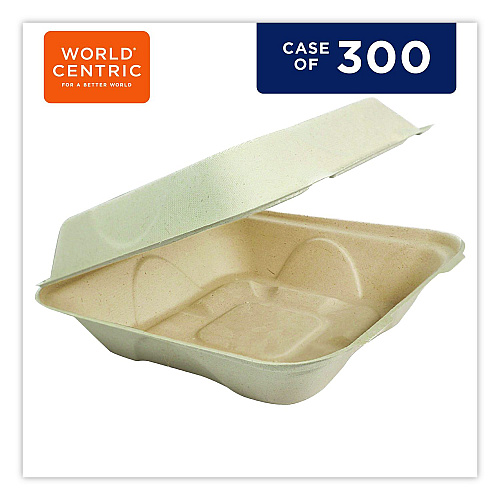 World Centric Fiber Hinged Takeout Containers, 8.2 x 8.8 x 2.9, Natural, Sugarcane Fiber, 300/Carton (TOSCU853LLF)