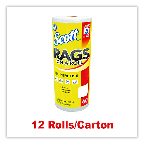Scott Rags On A Roll, 1-Ply, 9.4 x 11, White, 60/Roll, 12 Rolls/Carton (54992)