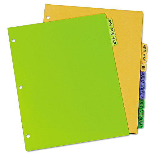 Avery Durable Preprinted Plastic Tab Dividers, 12-Tab, Jan. to Dec., 11 x 8.5, Assorted, 1 Set (11331)