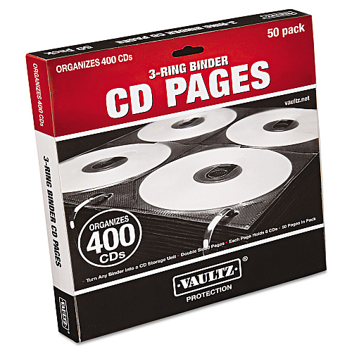 Vaultz Two-Sided CD Refill Pages for Three-Ring Binder, 8 Disc Capacity, Clear/Black, 50/Pack (VZ01415)