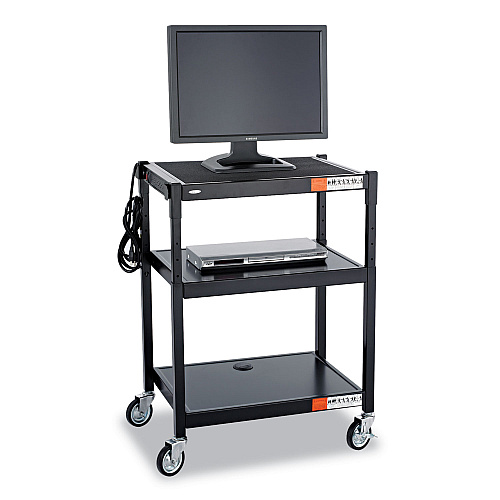 Safco Adjustable-Height Steel AV Cart, Metal, 3 Shelves, (5) AC Outlets, 120 lb Capacity, 27.25" x 18.25" x 36.5", Black (8932BL)