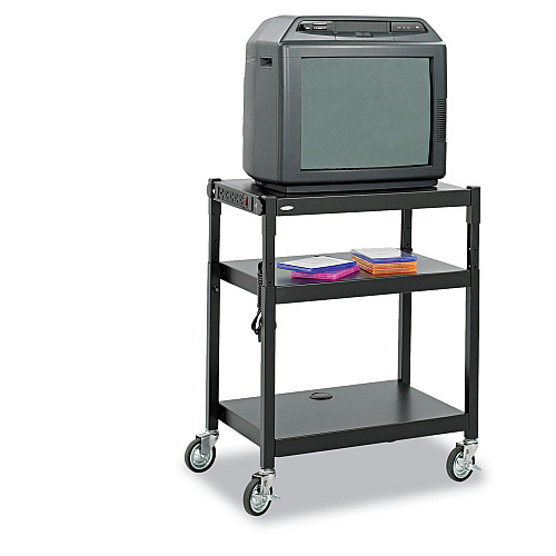 Safco Adjustable-Height Steel AV Cart, Metal, 3 Shelves, (5) AC Outlets, 120 lb Capacity, 27.25" x 18.25" x 36.5", Black (8932BL)