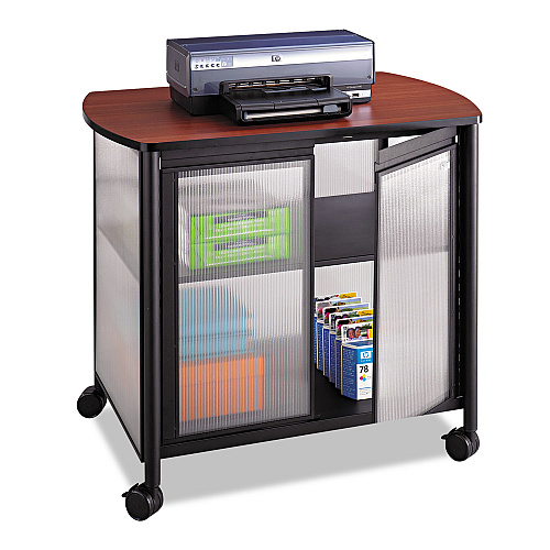 Safco Impromptu Deluxe Machine Stand with Doors, Wood, 3 Shelf, 34.75 x 25.5 x 30.75, Cherry/White/Black (1859BL)