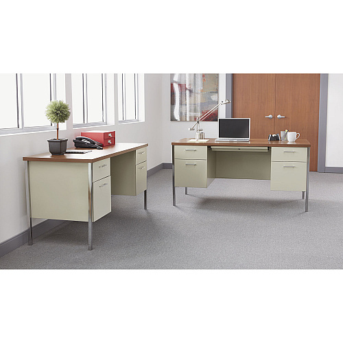 Alera Double Pedestal Steel Desk, 60" x 30" x 29.5", Cherry/Putty, Chrome-Plated Legs (ALESD6030PC)