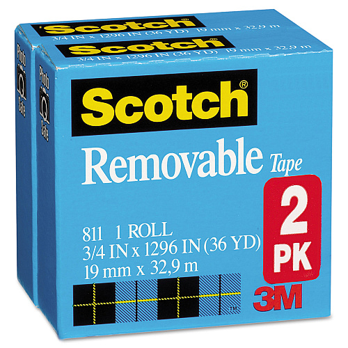 Scotch Removable Tape, 1" Core, 0.75" x 36 yds, Transparent, 2/Pack (8112PK)