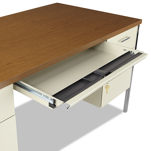 Alera Double Pedestal Steel Desk, 60" x 30" x 29.5", Cherry/Putty, Chrome-Plated Legs (ALESD6030PC)
