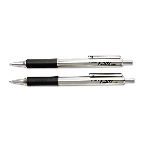 Zebra F-402 Ballpoint Pen, Retractable, Fine 0.7 mm, Black Ink, Stainless Steel/Black Barrel, 2/Pack (29212)