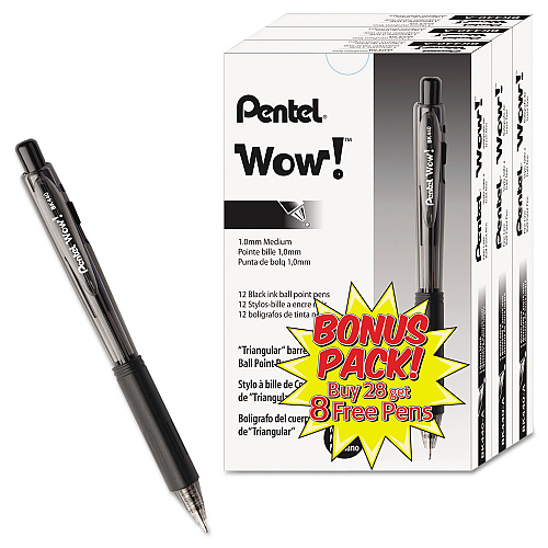 Pentel WOW! Ballpoint Pen Value Pack, Retractable, Medium 1 mm, Black Ink, Smoke/Black Barrel, 36/Pack (BK440ASWUS)