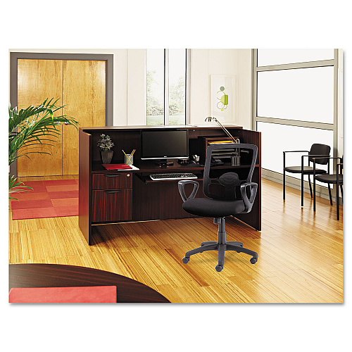 Alera Valencia Series Reception Desk with Transaction Counter, 71" x 35.5" x 29.5" to 42.5", Mahogany (ALEVA327236MY)