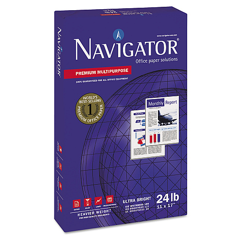 Navigator Premium Multipurpose Copy Paper, 97 Bright, 24 lb Bond Weight, 11 x 17, White, 500 Sheets/Ream, 5 Reams/Carton 97 Brightness - 96% Opacity - Tabloid - 11" x 17" - 24 lb Basis Weight - Smooth - Jam-free - Bright White - 500 Sheets per R (NMP1724)