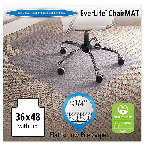 ES Robbins EverLife Light Use Chair Mat for Flat to Low Pile Carpet, Rectangular with Lip, 36 x 48, Clear Pile Carpet - 48" Length x 36" Width x 0.098" Thickness - Lip Size 10" Length x 20" Width - Vinyl - Clear - 1 Each (120023)