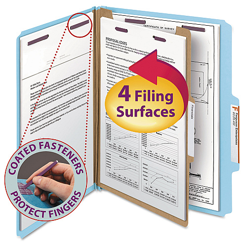Smead Four-Section Pressboard Top Tab Classification Folders, Four SafeSHIELD Fasteners, 1 Divider, Letter Size, Blue, 10/Box (13730)