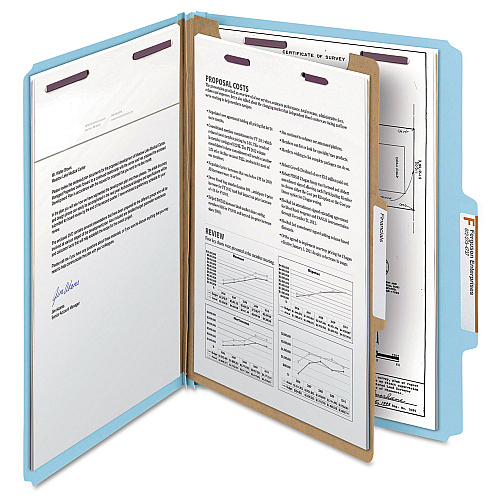Smead Four-Section Pressboard Top Tab Classification Folders, Four SafeSHIELD Fasteners, 1 Divider, Letter Size, Blue, 10/Box (13730)