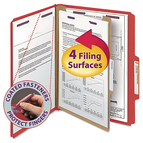Smead Four-Section Pressboard Top Tab Classification Folders, Four SafeSHIELD Fasteners, 1 Divider, Letter Size, Bright Red, 10/Box (13731)