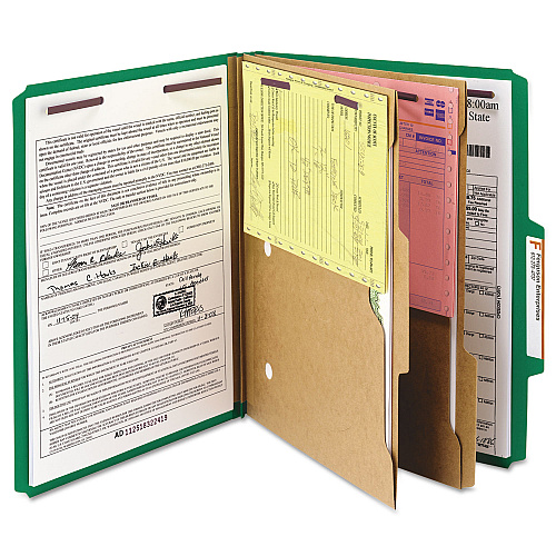 Smead 6-Section Pressboard Top Tab Pocket Classification Folders, 6 SafeSHIELD Fasteners, 2 Dividers, Letter Size, Green, 10/Box (14083)