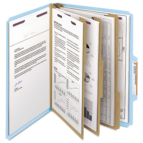 Smead Pressboard Top Tab Classification Folders, Eight SafeSHIELD Fasteners, 3" Expansion, 3 Dividers, Letter Size, Blue, 10/Box (14094)
