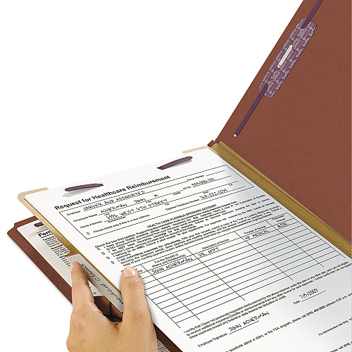 Smead Pressboard Classification Folders, Four SafeSHIELD Fasteners, 2/5-Cut Tabs, 1 Divider, Letter Size, Red, 10/Box (13775)