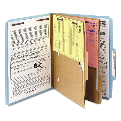 Smead 6-Section Pressboard Top Tab Pocket Classification Folders, 6 SafeSHIELD Fasteners, 2 Dividers, Letter Size, Blue, 10/Box (14081)