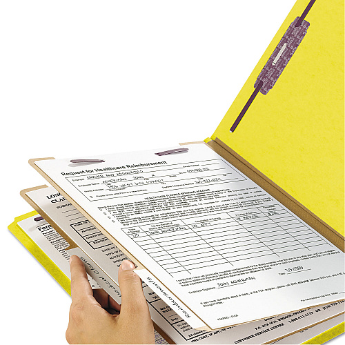 Smead Six-Section Pressboard Top Tab Classification Folders, Six SafeSHIELD Fasteners, 2 Dividers, Legal Size, Yellow, 10/Box (19034)