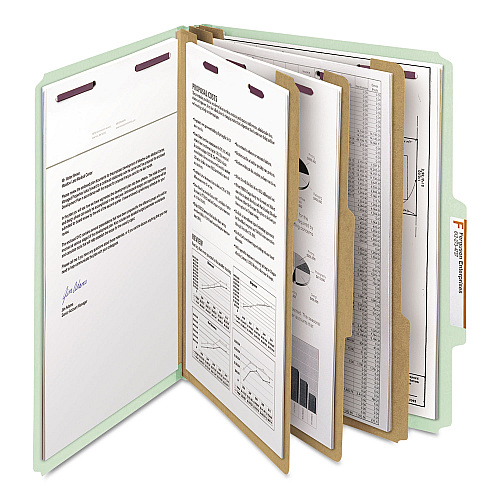 Smead Pressboard Classification Folders, Eight SafeSHIELD Fasteners, 2/5-Cut Tabs, 3 Dividers, Letter Size, Gray-Green, 10/Box (14091)