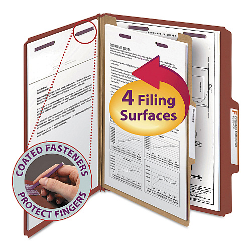 Smead Pressboard Classification Folders, Four SafeSHIELD Fasteners, 2/5-Cut Tabs, 1 Divider, Letter Size, Red, 10/Box (13775)