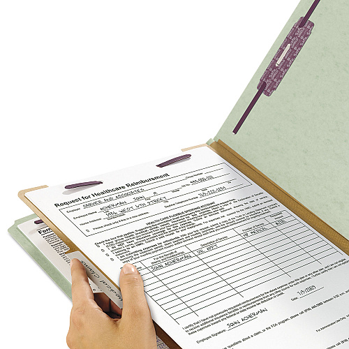 Smead Pressboard Classification Folders, Four SafeSHIELD Fasteners, 2/5-Cut Tabs, 1 Divider, Legal Size, Gray-Green, 10/Box (18776)