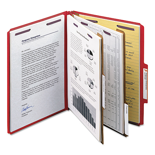 Smead Six-Section Pressboard Top Tab Classification Folders, Six SafeSHIELD Fasteners, 2 Dividers, Letter Size, Bright Red, 10/Box (14031)