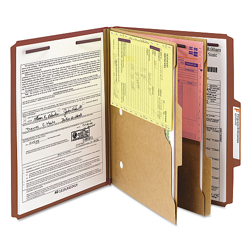 Smead 6-Section Pressboard Top Tab Pocket Classification Folders, 6 SafeSHIELD Fasteners, 2 Dividers, Letter Size, Red, 10/Box (14079)
