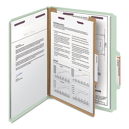 Smead Pressboard Classification Folders, Four SafeSHIELD Fasteners, 2/5-Cut Tabs, 1 Divider, Letter Size, Gray-Green, 10/Box (13776)
