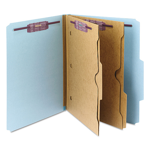 Smead 6-Section Pressboard Top Tab Pocket Classification Folders, 6 SafeSHIELD Fasteners, 2 Dividers, Letter Size, Blue, 10/Box (14081)