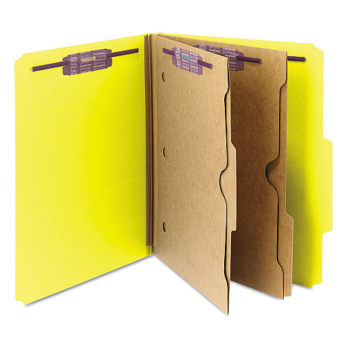 Smead 6-Section Pressboard Top Tab Pocket Classification Folders, 6 SafeSHIELD Fasteners, 2 Dividers, Letter Size, Yellow, 10/Box (14084)