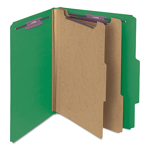 Smead Six-Section Pressboard Top Tab Classification Folders, Six SafeSHIELD Fasteners, 2 Dividers, Letter Size, Green, 10/Box (14033)