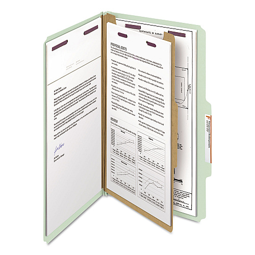 Smead Pressboard Classification Folders, Four SafeSHIELD Fasteners, 2/5-Cut Tabs, 1 Divider, Legal Size, Gray-Green, 10/Box (18776)